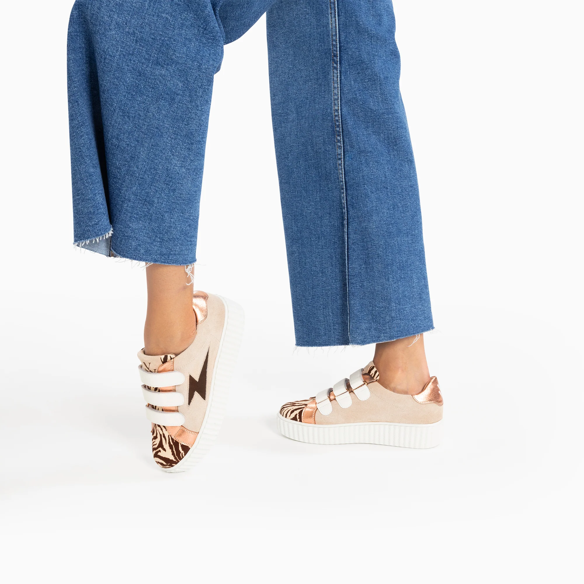 Sneakers-Baskets éclair Ingrid beige et zèbre chocolat à scratchs