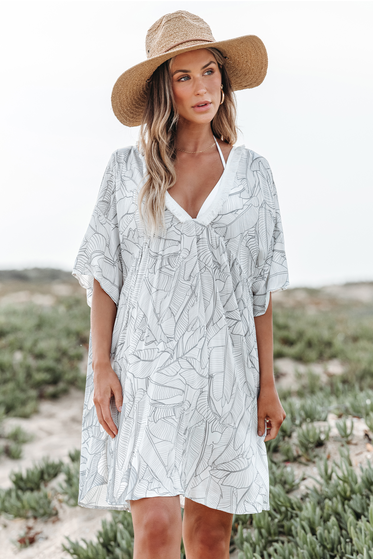 Robe cover up midi à col en V plongeant avec palmes
