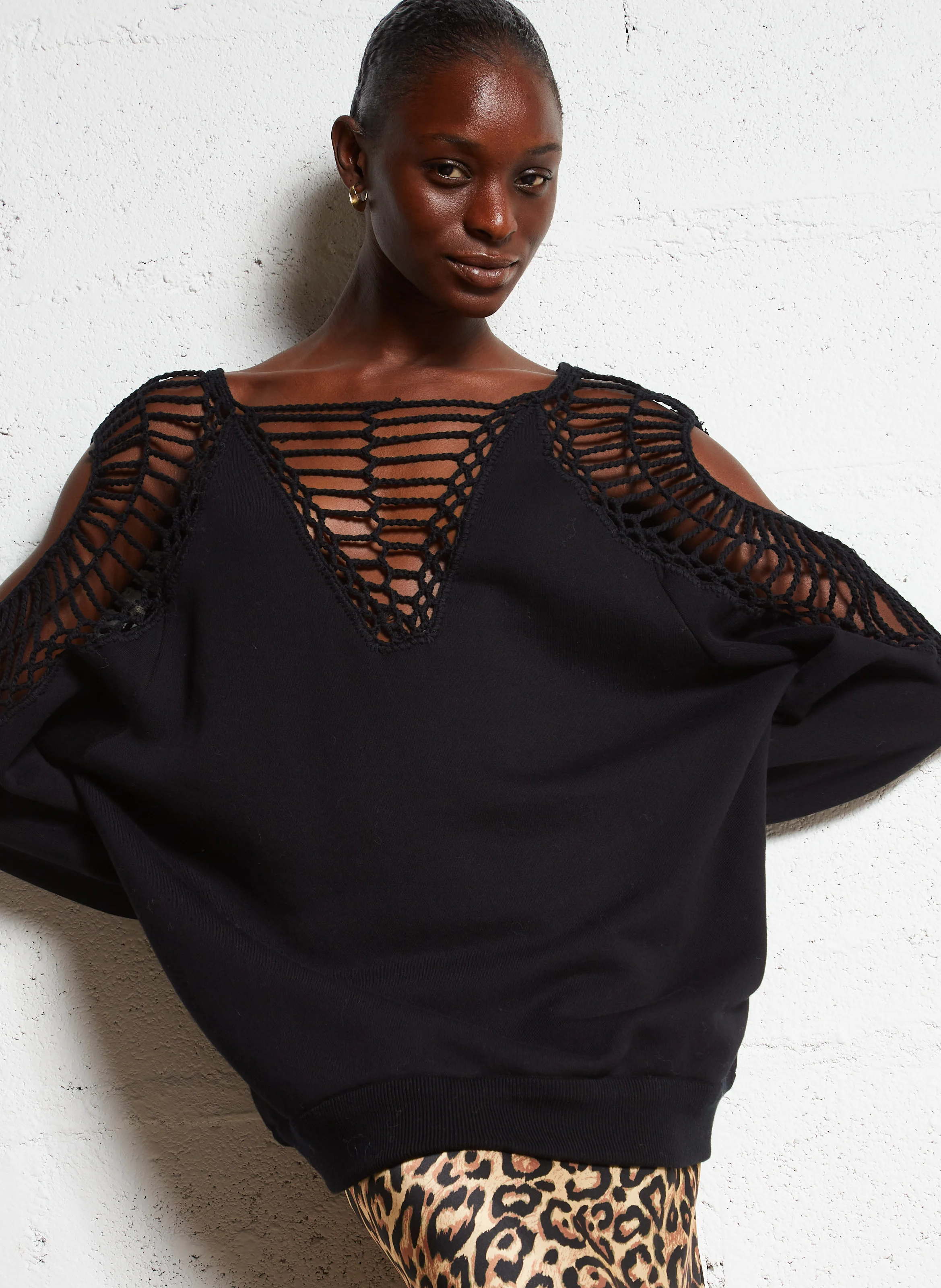 SHIHO - Sweat ample macramé en coton | Noir