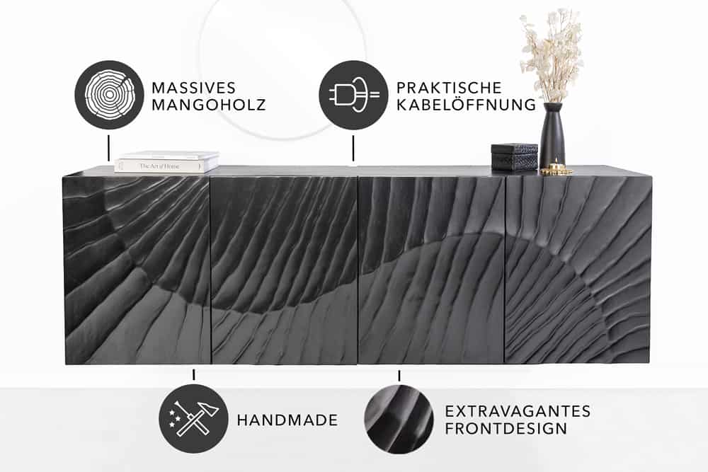 Massives Sideboard SCORPION 180cm schwarz hängend Mangoholz 3D-Design
