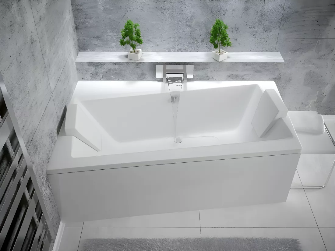 Baignoire asymétrique + tablier blanc + repose tête - INFINITY - 170 x 110 cm - Gauche