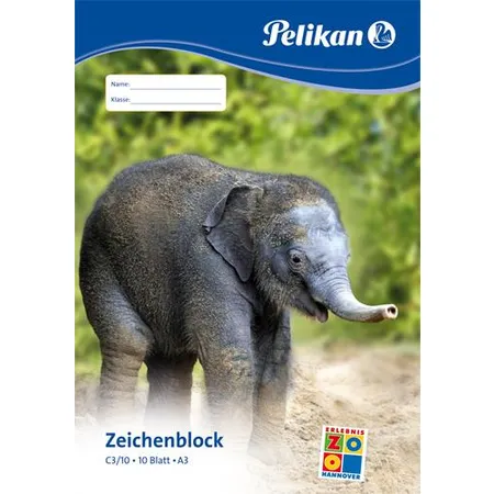 Pelikan Zeichenblock C3/10, A3, 100 g/qm, Deckblatt mit Tiermotiv, 10 Blatt