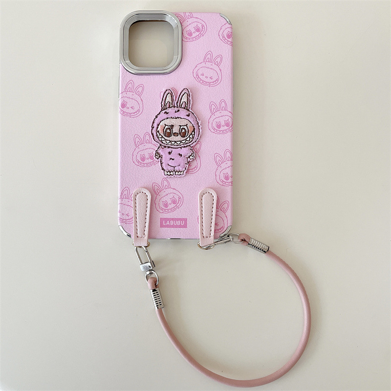 iPhone 15 Leder Hardcase Hülle mit Handschlaufe Monsterhäschen - Rosa