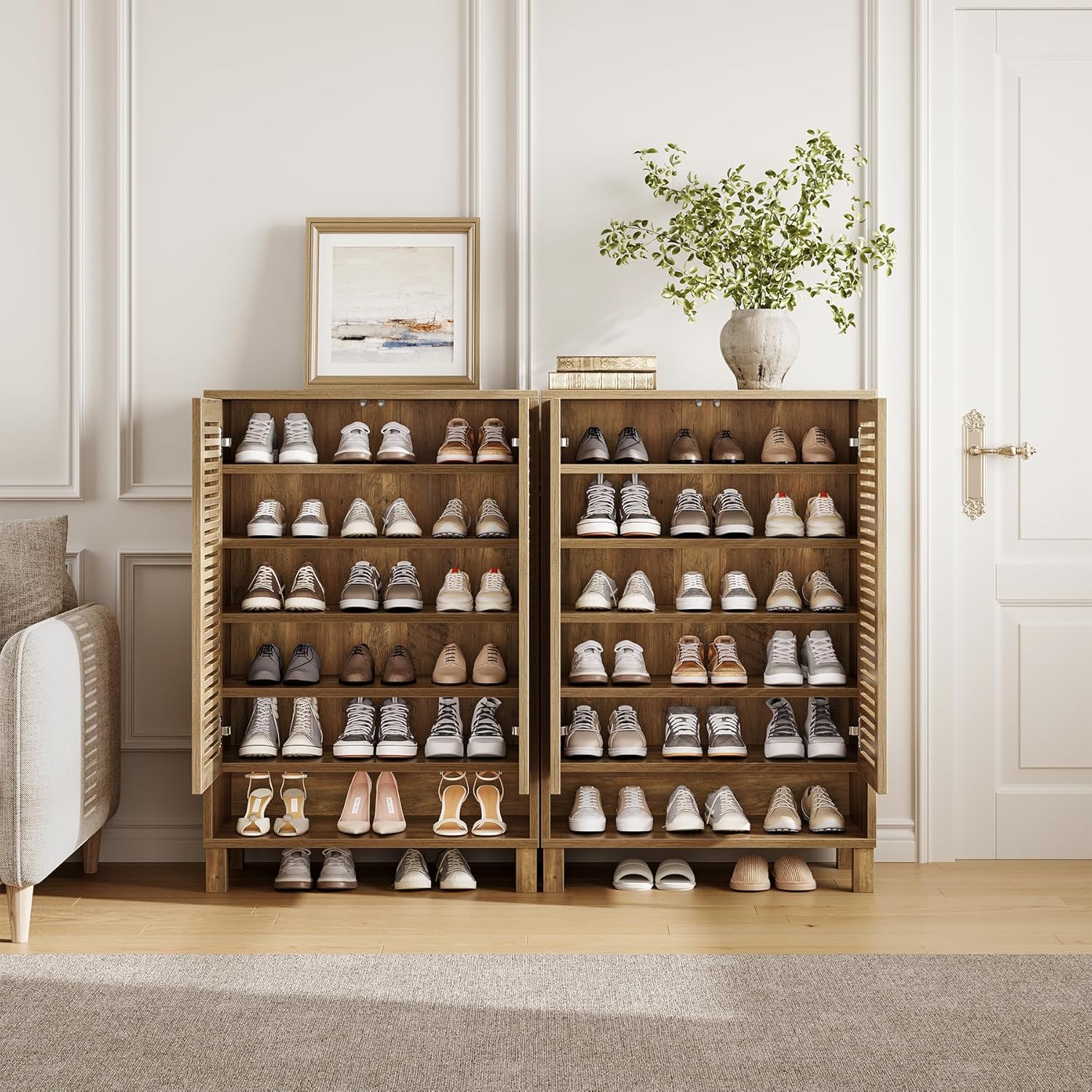 Tribesigns 6-stöckiger Schuhschrank mit 2 Shutter Türen, 73x35x109cm, 24 Paar Bauernhaus-Schuhschrank mit verstellbaren Regalen,Schuhaufbewahrung aus Holz für Eingangsbereich, Wohnzimmer, helle Eiche