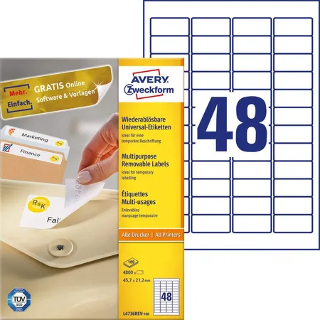 Avery Zweckform L4736REV-100 Universal-Etiketten,A4 45,7 x 21,2 mm, 100 Bogen/4.800 Etiketten, weiß