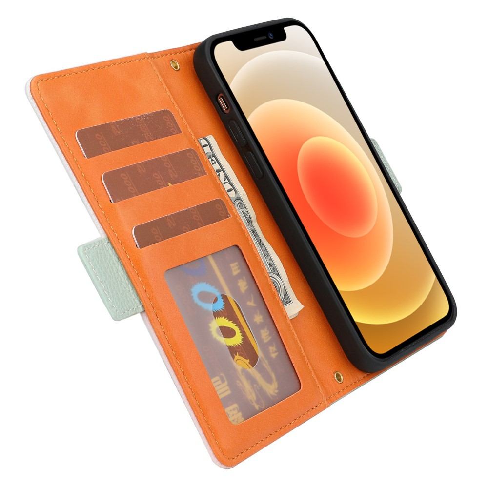 iPhone 12 / iPhone 12 Pro Leder Tasche Flip Cover Litchi Look mit Kartenfächern Geometrisches Design - Grün / Rosa / Weiss