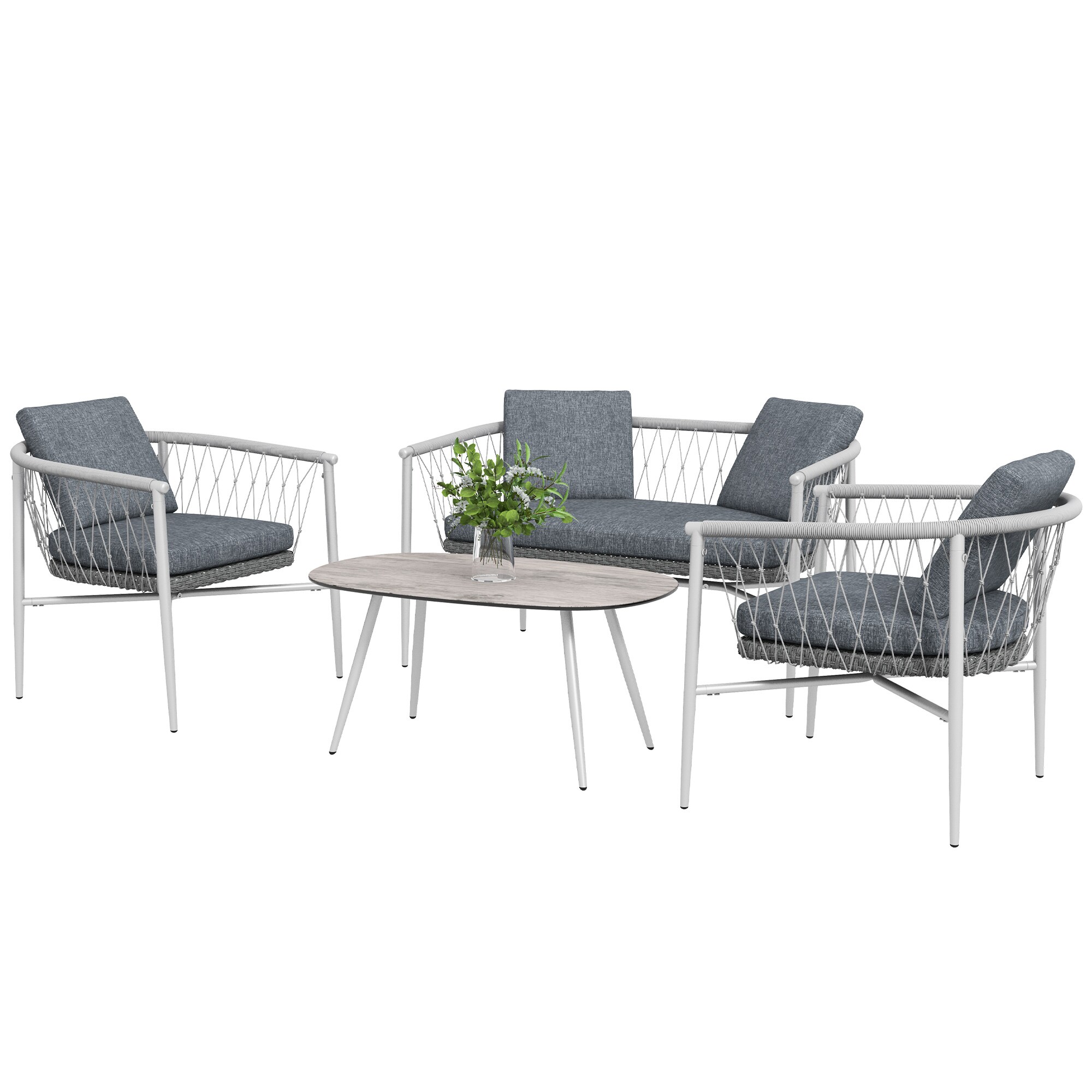 Outsunny Flecht Gartenmöbel-Set mit Polsterkissen grau 121L x 68B x 67H cm