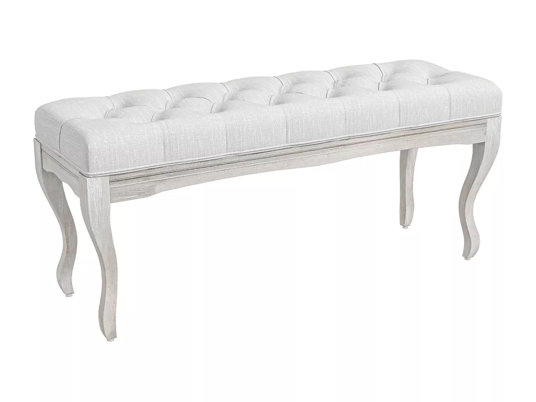 Banc banquette capitonnée style classique 110 cm bout de lit rembourré en lin piètement Bois hévéa sculpté blanc crème