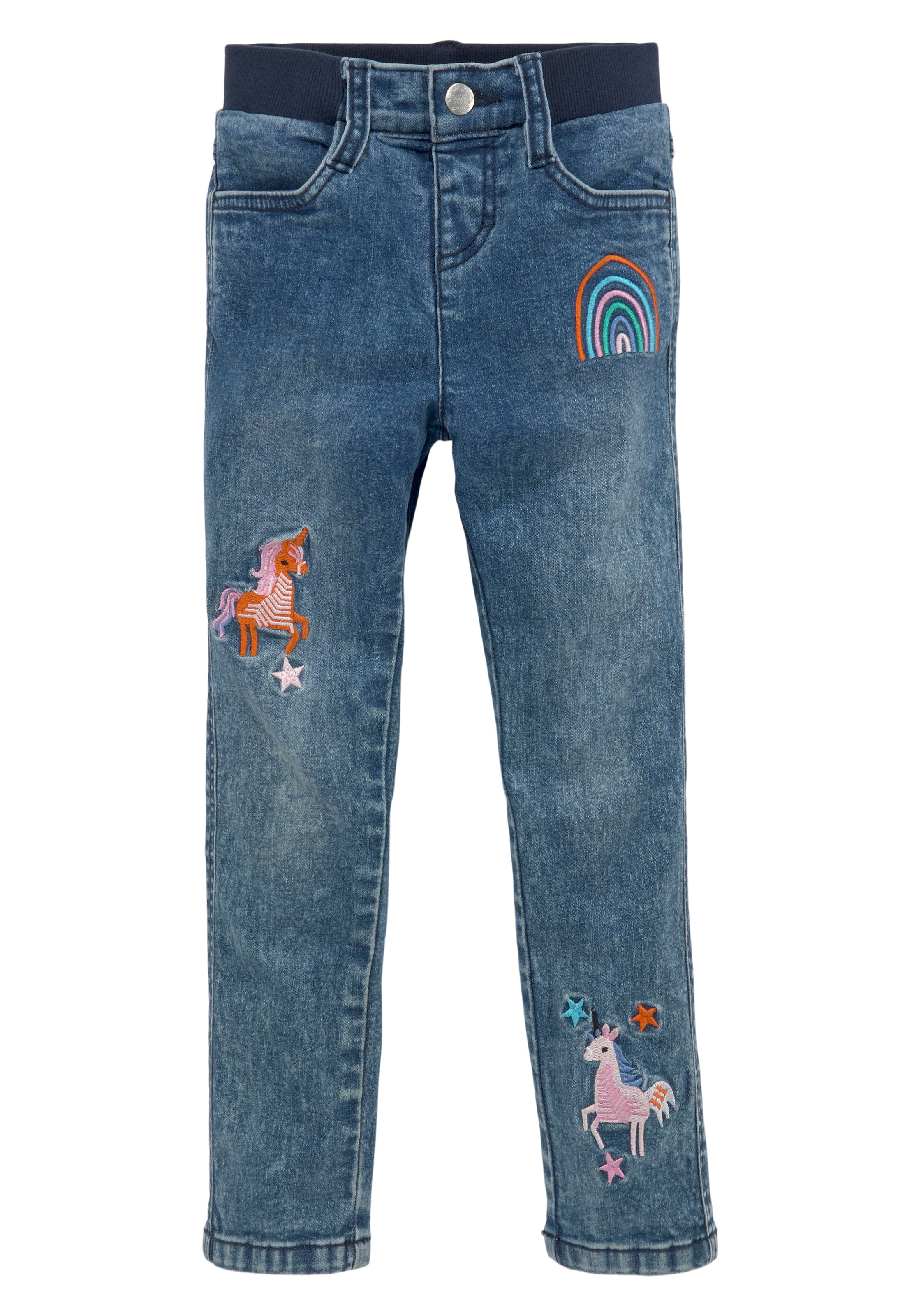 KIDSWORLD Stretch-Jeans », Basic Jeans mit toller Stickerei«, schmale Beinform,  mit verstellbarem Gummizug am Bund,  lang