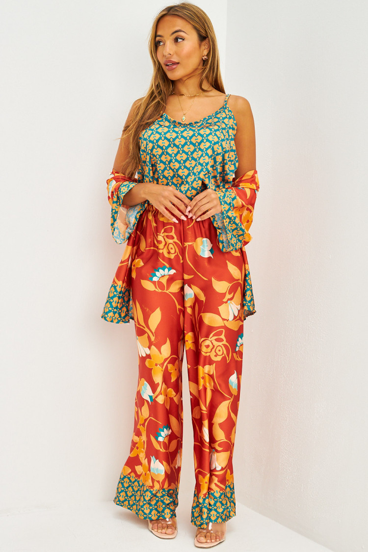 Ensemble satiné 3 pièces top + kimono + pantalon fluide à motifs méditéranéens cuivre et orange