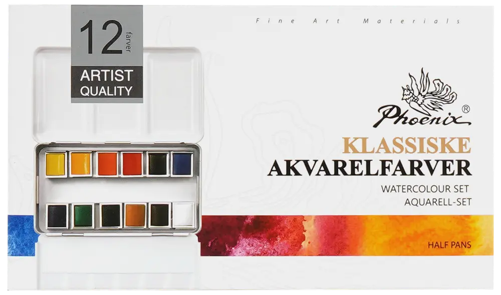 Phoenix Akvarelfarver 12 stk. - klassisk