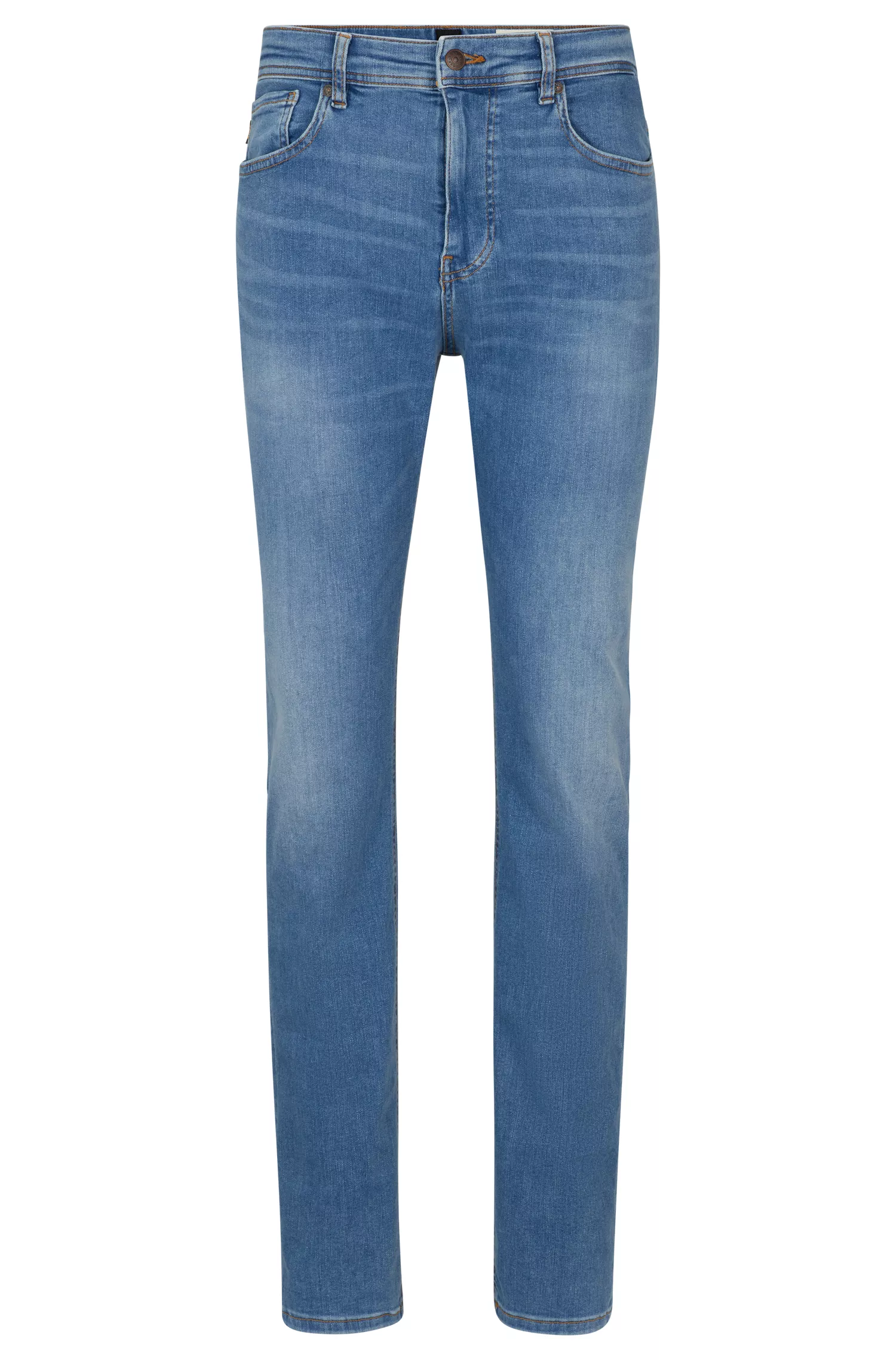 Calça jeans BOSS laranja, corte afunilado, em denim superelástico azul médio.