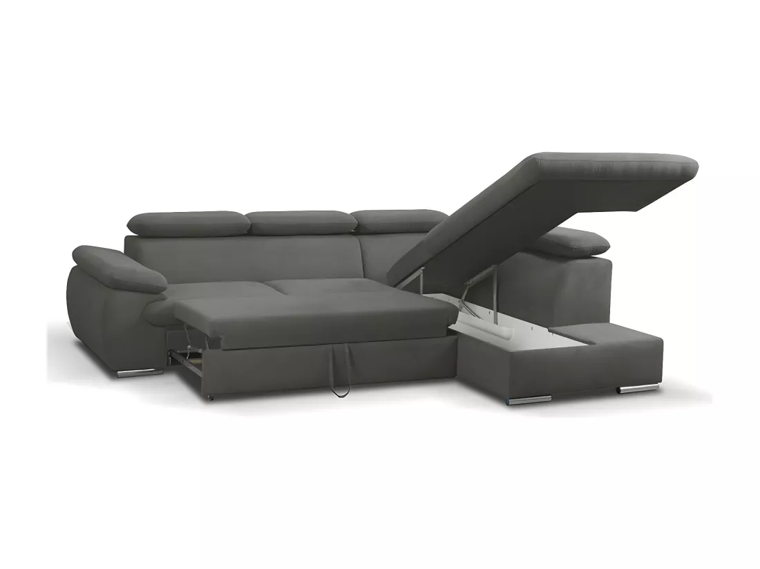 Canapé d'angle droit convertible en tissu anthracite avec coffre de rangement FABIEN