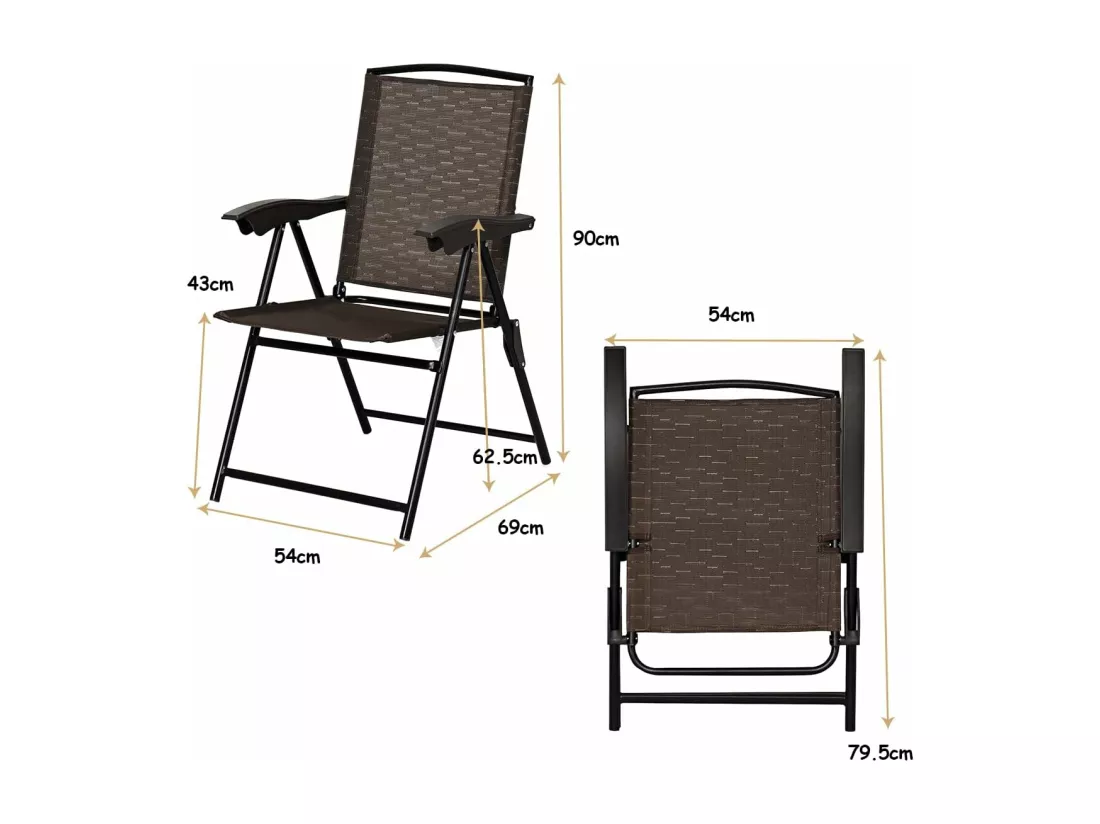 Lot de 4 Chaises de Jardin Pliantes Dossier Inclinable avec Accoudoirs en Acier Résistantes aux Intempéries Extérieur（Marron)