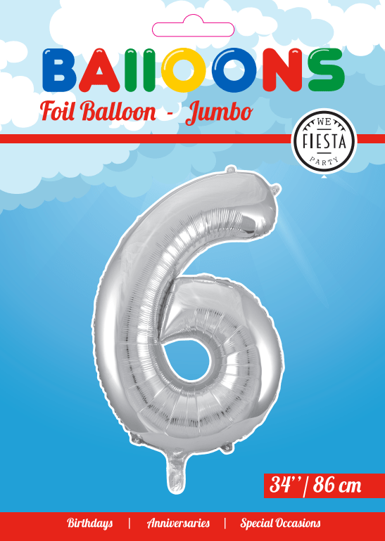 Folie Ballon Cijfer 6 Zilver XL 86cm leeg