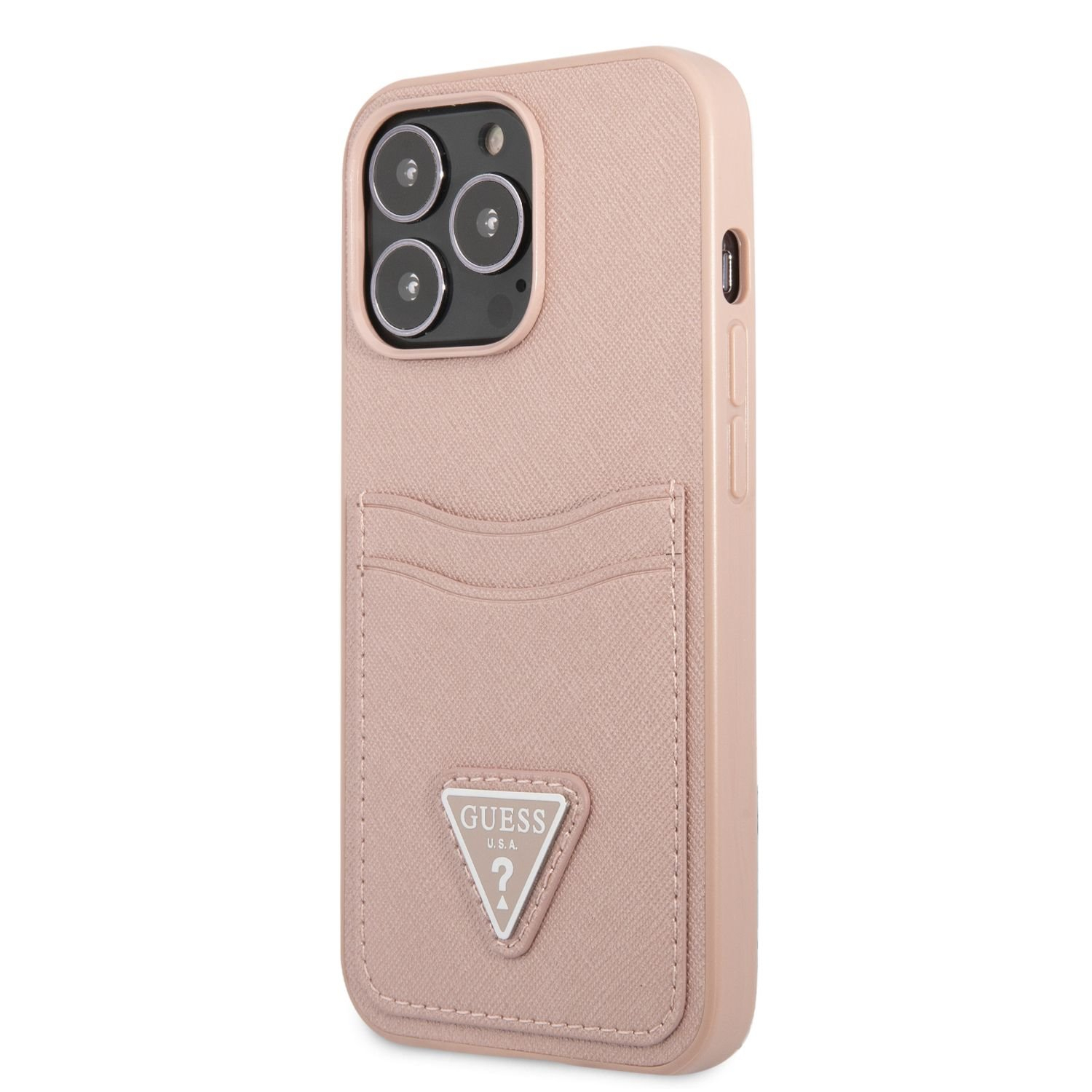 iPhone 13 Pro Leder Saffiano Hardcase Hülle mit Kartenfach (GUHCP13LPSATPP) - Rosa
