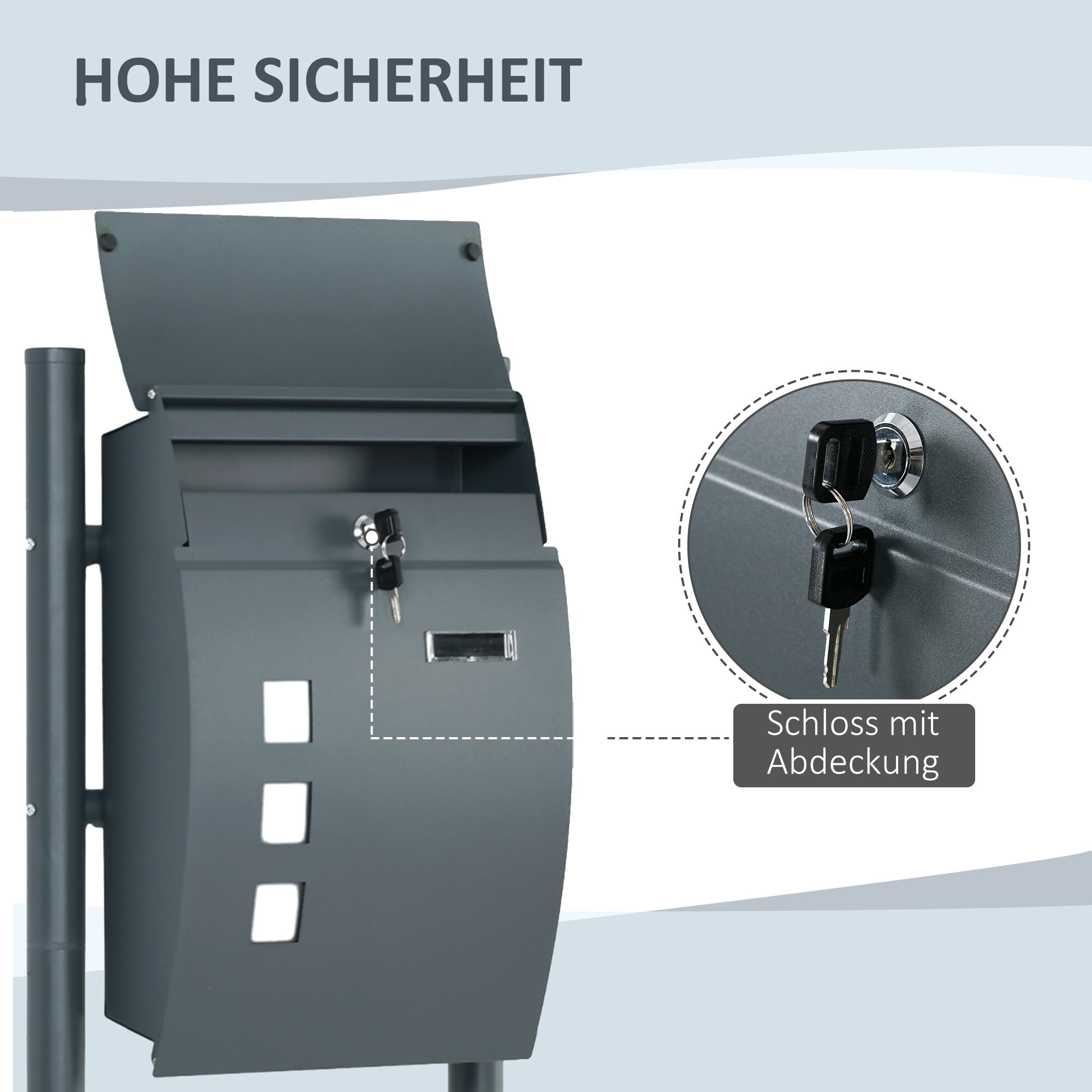 HOMCOM Briefkasten Freistehend oder Wandmontage geeignet mit Sichtfenster grau 44L x 15B x 114H cm