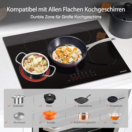 Thermomate 60cm Table de cuisson Vitrocéramique 4 Feux 6600W Encastrable Plaque Vitrocéramique Intégré, Commande Tactile, Verrou Pour Enfants, Minuterie, [Classe énergétique A ] : Gros électroménager