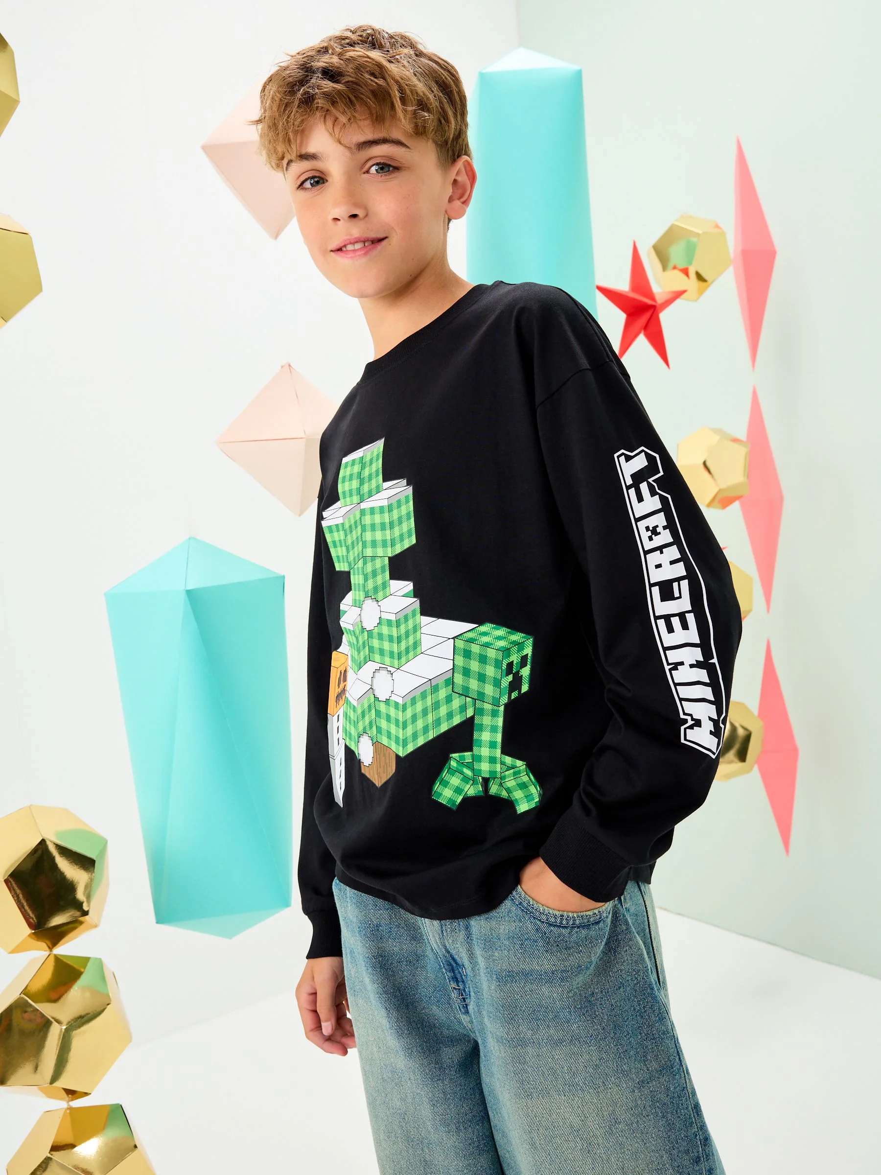 Zwart Minecraft - Kerst-T-shirt met lange mouwen (3-16jr)
