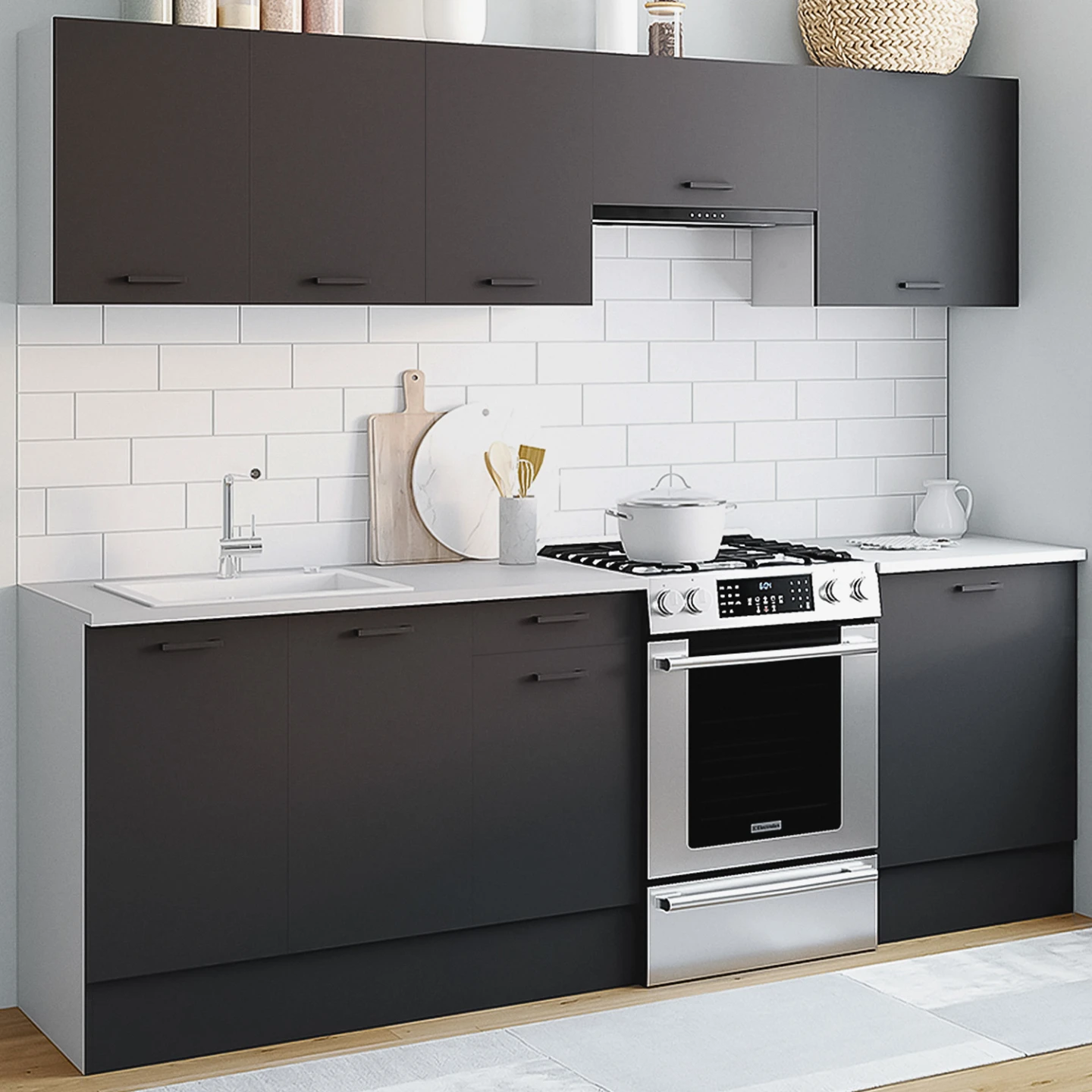 Cuisine complète 240 cm SUBTIL avec plan de travail 7 éléments blanc et gris
