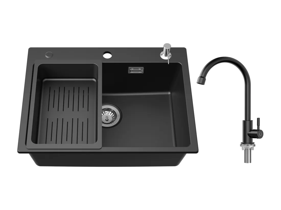 Noir Evier en Quartz avec Panier de Vidange et Distributeur de Savon 60*45cm + Robinet de Cuisine à eau Froide,Noir