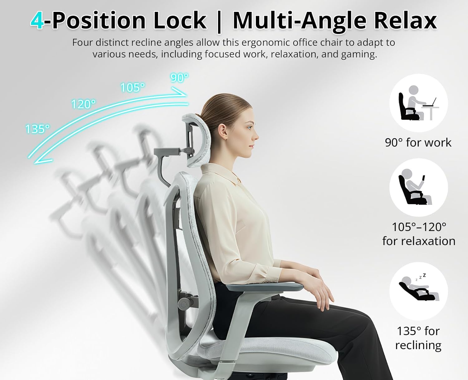 ergonomischer Bürostuhl | Schreibtischstuhl mit Verstellbarer Sitztiefe, Lendenwirbelstütze und Armlehnen, Computerstuhl mit höhenverstellbarer Rückenlehne, 3D-Kopfstütze, Grau