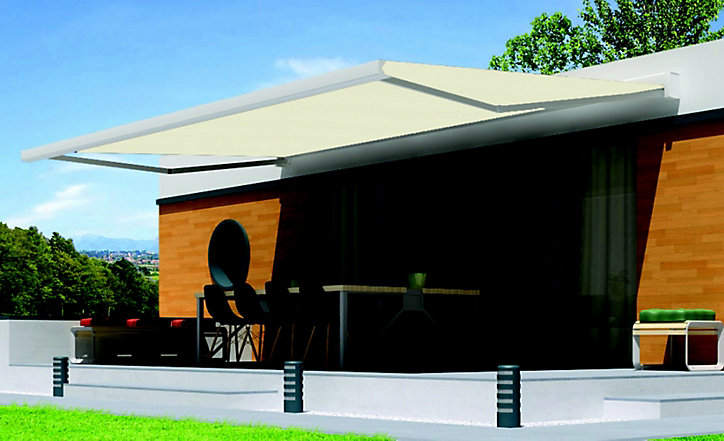 Store de terrasse motorisé Kobe coffre blanc / toile T100 beige 4 x 3,5m