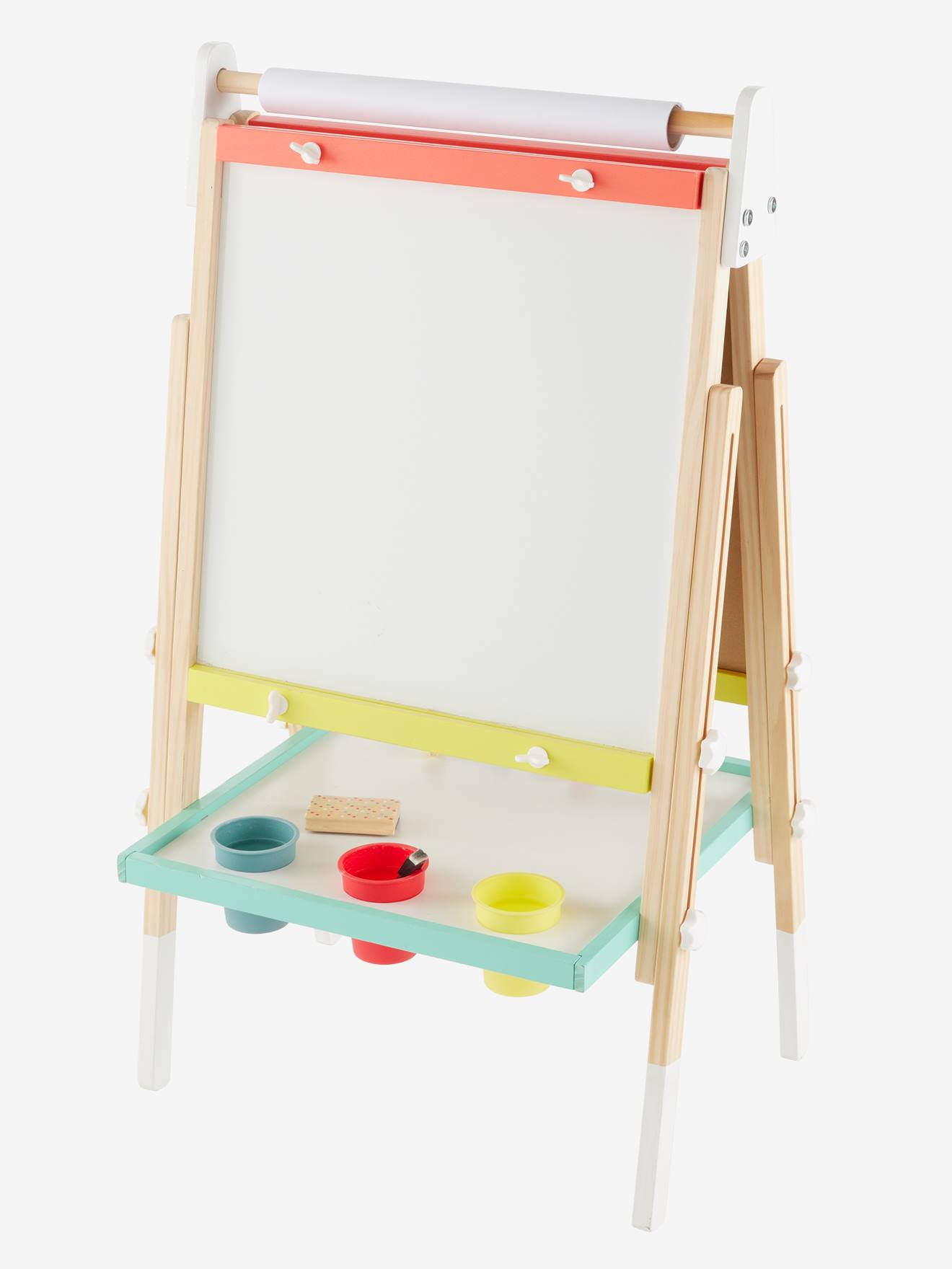 Quadro branco/quadro magnético 3 em 1, dobrável e com altura ajustável, feito de madeira com certificação FSC®, multicolorido.
