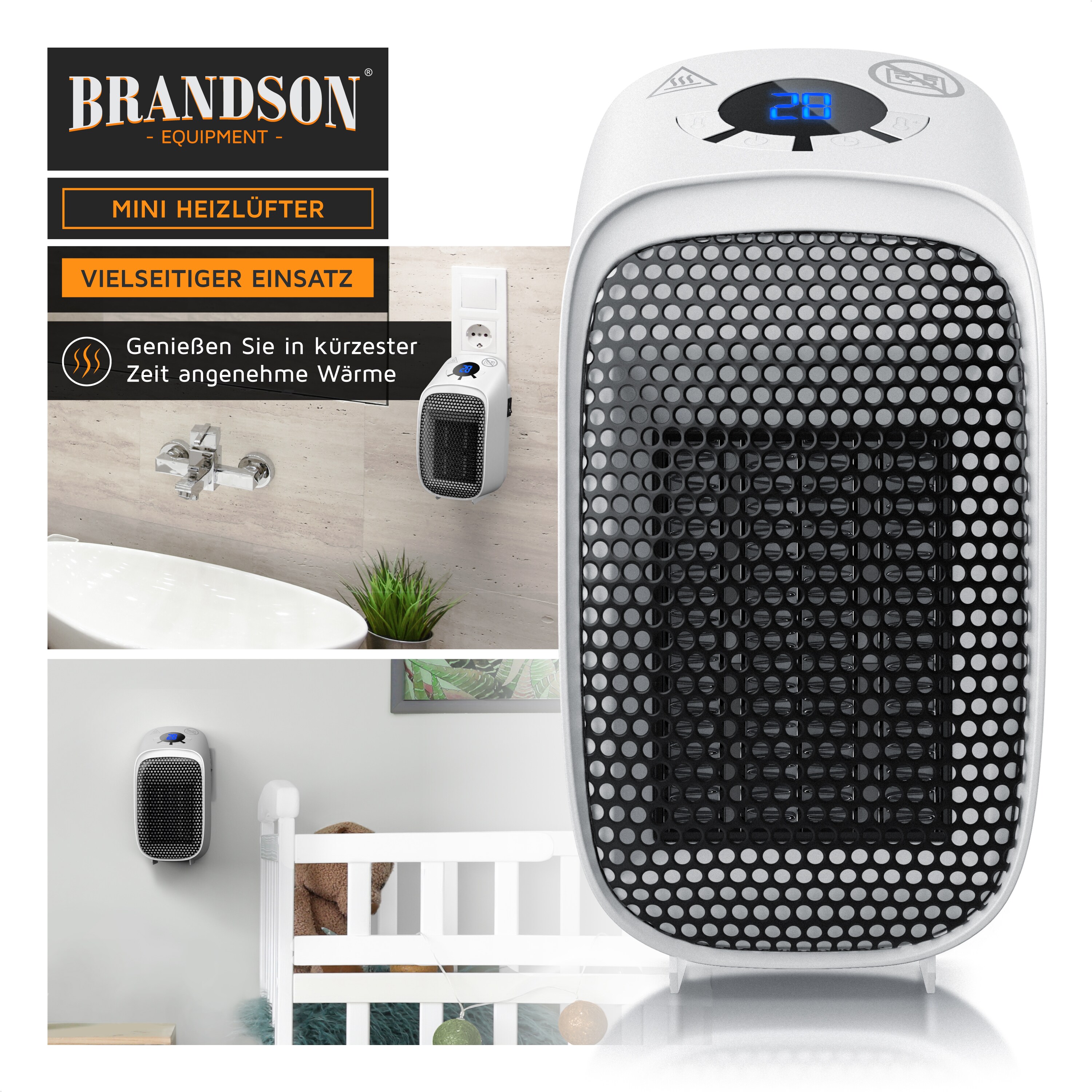 Brandson Steckdosen Heizlüfter 400W, Mini Keramik Heizung, Digitalanzeige, energiesparend, Thermostat, Überhitzungsschutz, Automatische Abschaltung