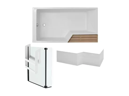 Pack baignoire bain douche antidérapante 170 x 90 JACOB DELAFON Neo blanc mat - v.gauche + pare bain noir mat + tablier