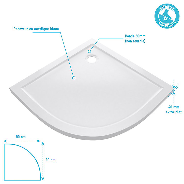 Receveur de douche quart de cercle extra-plat 90 x 90 cm, blanc, Galedo Pure 2