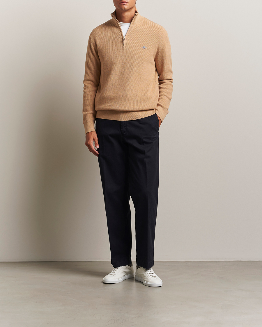 GANT Cotton/Merino Ribbed Half Zip Khaki Melange