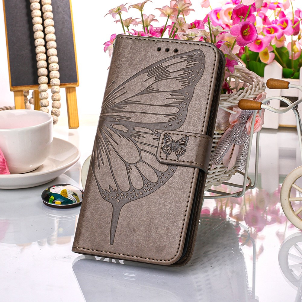 iPhone 13 Pro Leder Tasche mit Kartenfach   Handschlaufe Schmetterling / Blumen - Grau