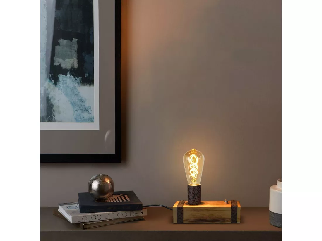 Nettlife Lampe de table en bois vintage, lampe de chevet E27 rétro 20cm, modèle industriel, prise intégrée pour chambre/salon - Ampoules non fournies