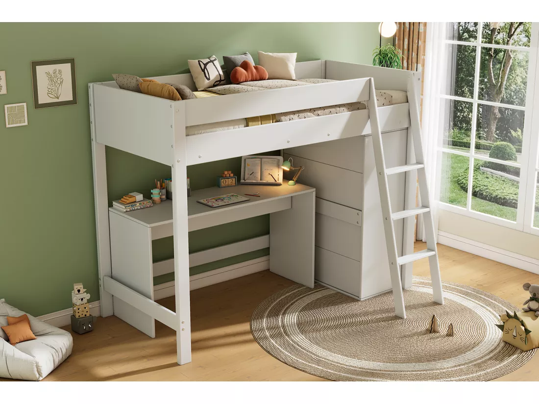 Lit mezzanine 90 x 200 cm avec bureau et grande armoire - Bois massif + MDF - Coloris Blanc (Sans matelas)