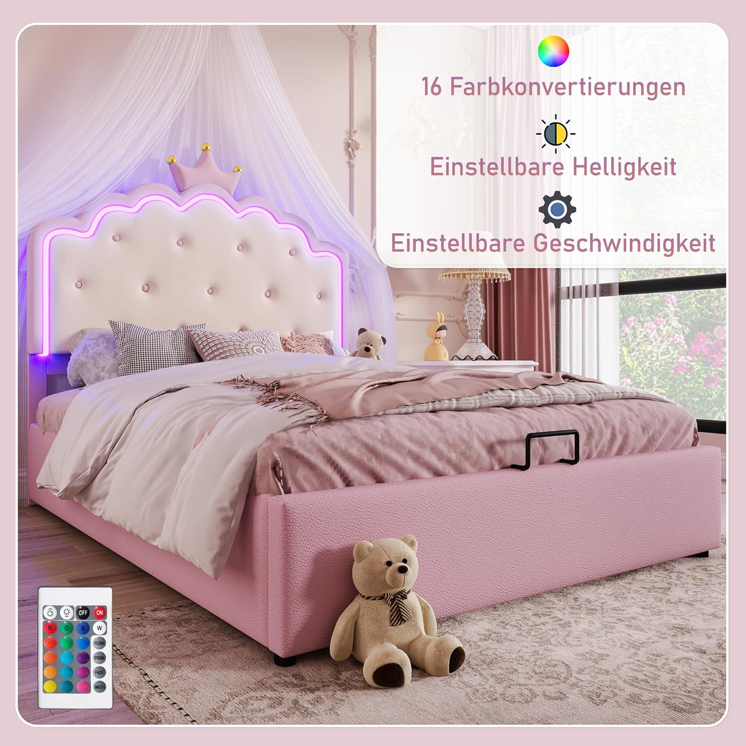 Merax Kinderbett 140x200, Polsterbett für Mädchen Kronen-Doppelbett mit 16 Farben LED-Streifen, Hydraulischer Stauraum, aus PU-Leder Bettrahmen mit Lattenrost(ohne Matratze), Rosa