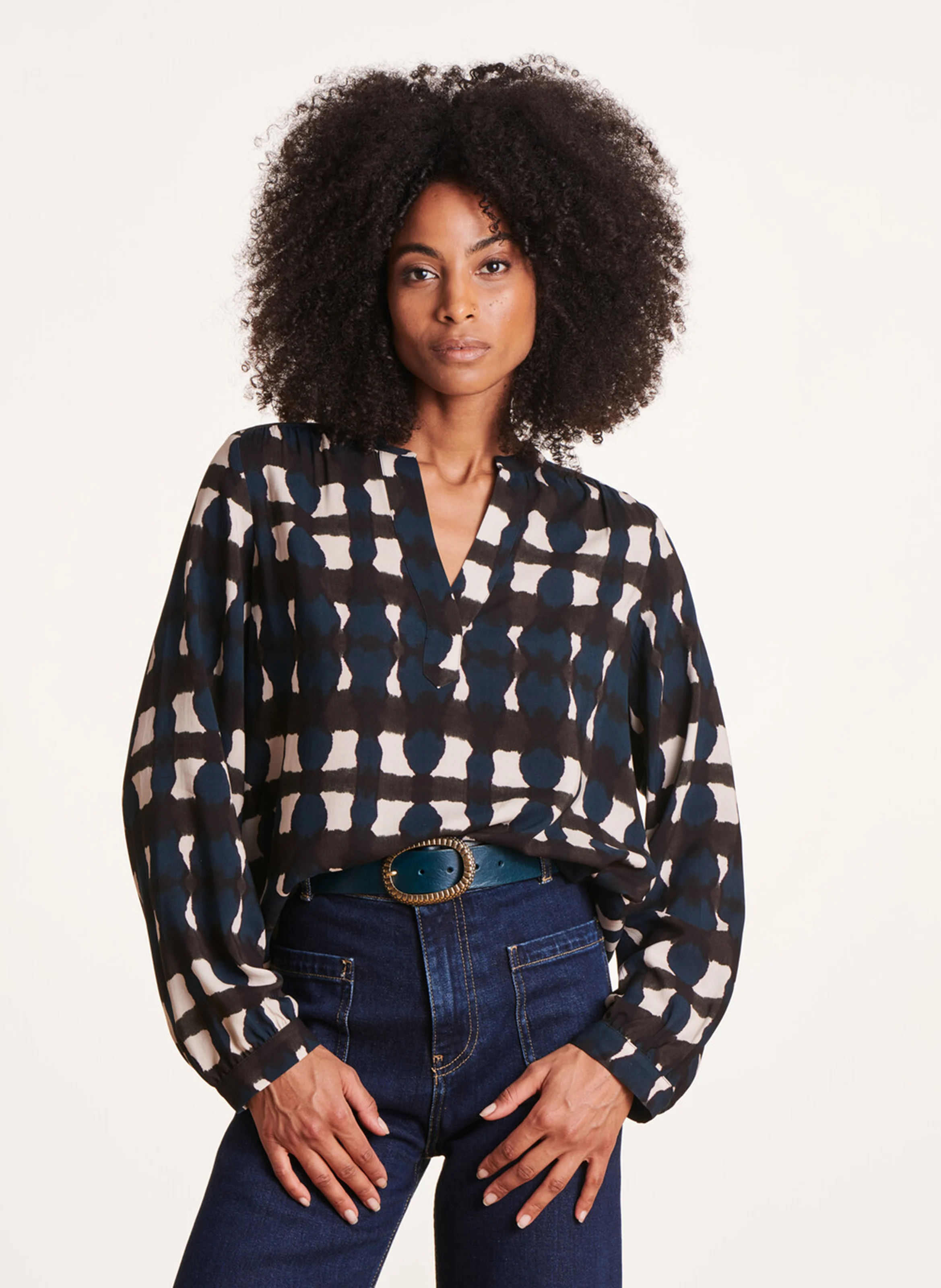 Top col V imprimé | Bleu