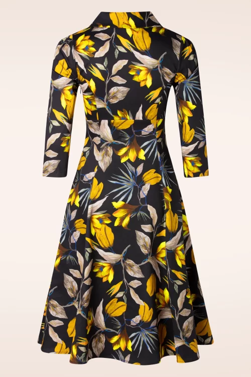Hearts & Roses Josie Floral swing jurk in zwart en geel