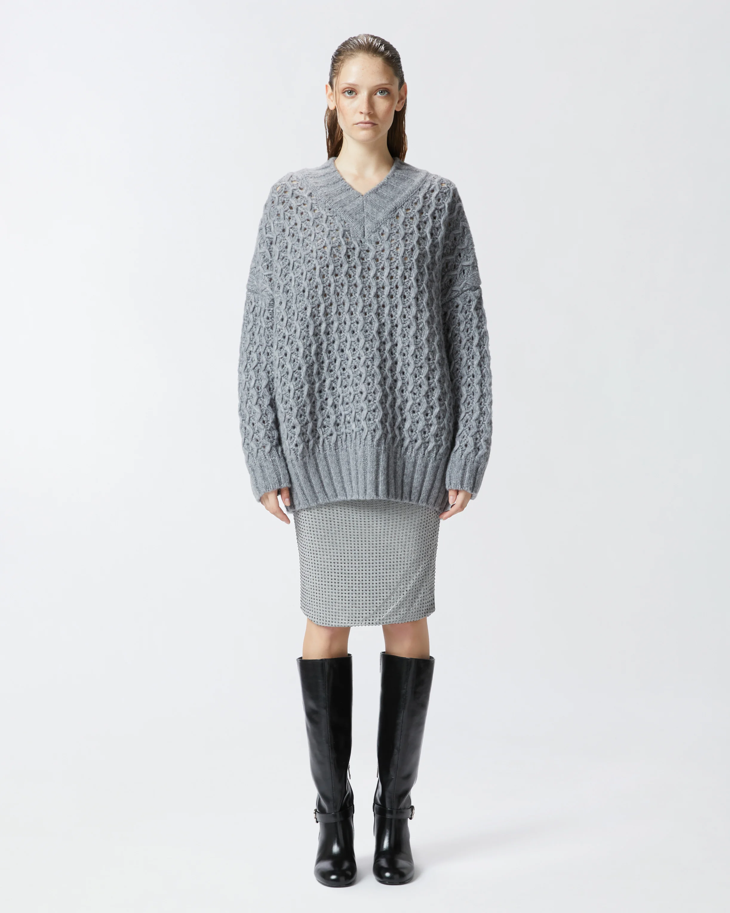 Pull tunique long et ajouré en fil ultra-léger | Argent