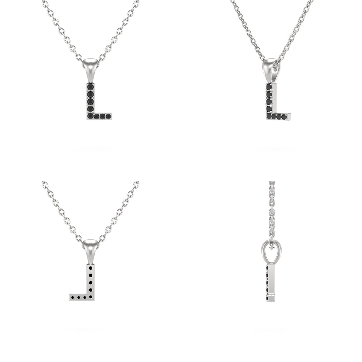 Collier Pendentif ADEN Lettre L Or 750 Blanc Diamant Noir Chaine Or 750 incluse 0.72grs