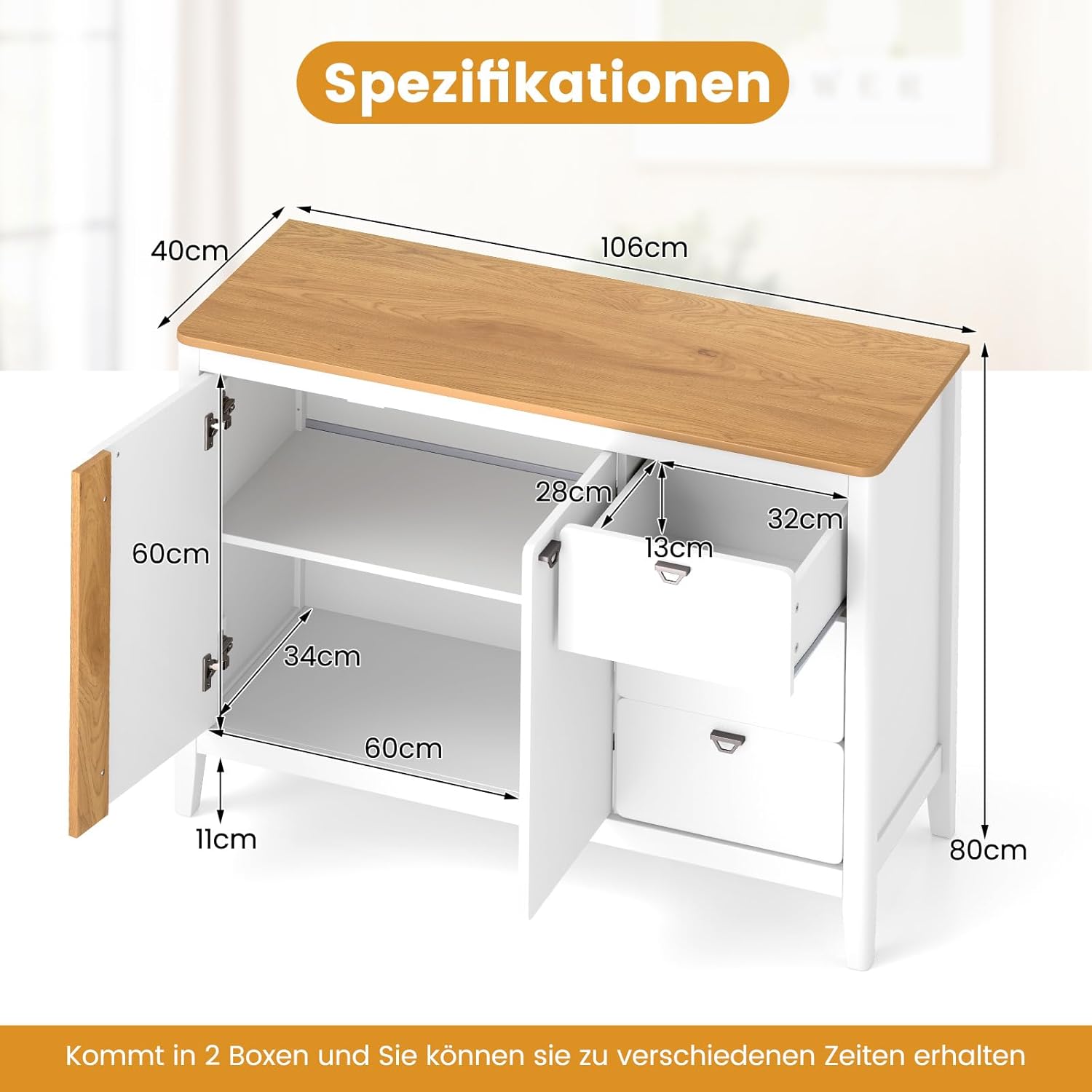 COSTWAY Küchenschrank mit 2 Türen & 3 Schubladen, Sideboard aus Holz, Buffetschrank freistehend mit verstellbaren Regalen, Aufbewahrungsschrank für Wohnzimmer, Esszimmer, 106 x 40 x 80 cm, Weiß
