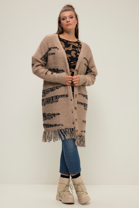 Strickmantel, oversized, Jacquardstrick, Fransensaum, V-Ausschnitt, Langarm