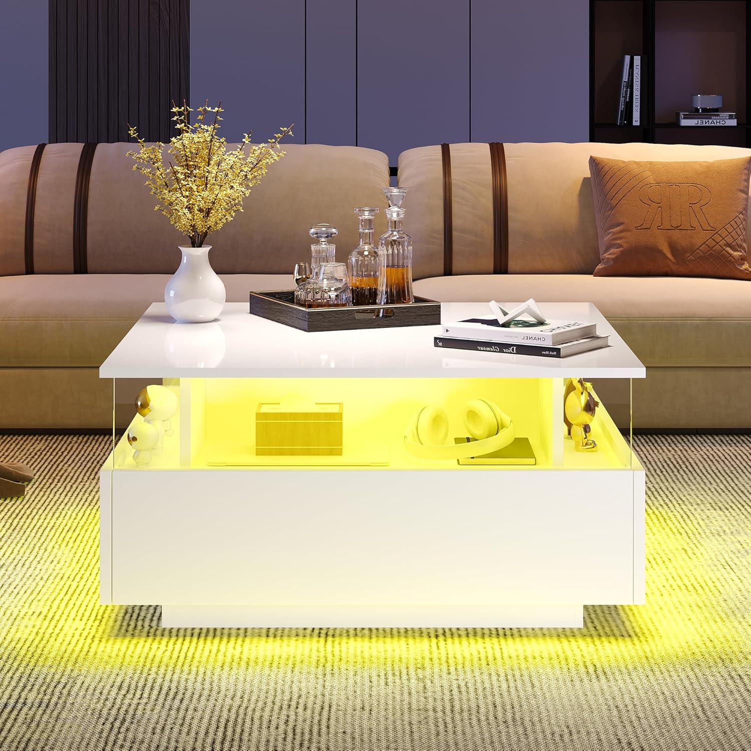 Merax Couchtisch in Hochglanz Weiß, quadratischer Wohnzimmertisch mit LED Beleuchtung, Kaffeetisch mit 2 Schubladen und Transparenter Ausstellungsbereich, Sofatisch Beistelltisch Teetisch für Büro