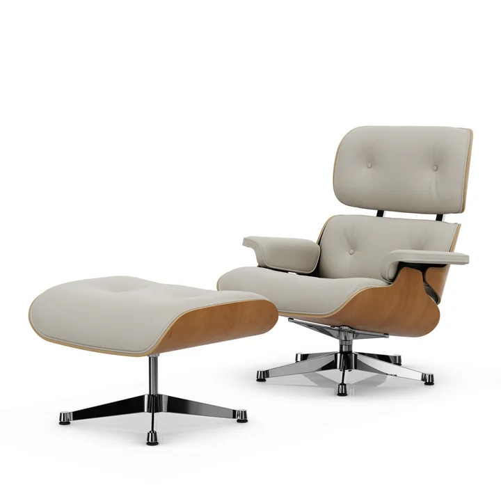 Vitra - Lounge Chair & Ottoman, poliert, Kirsche natur, Leder Premium F, snow (neue Masse)