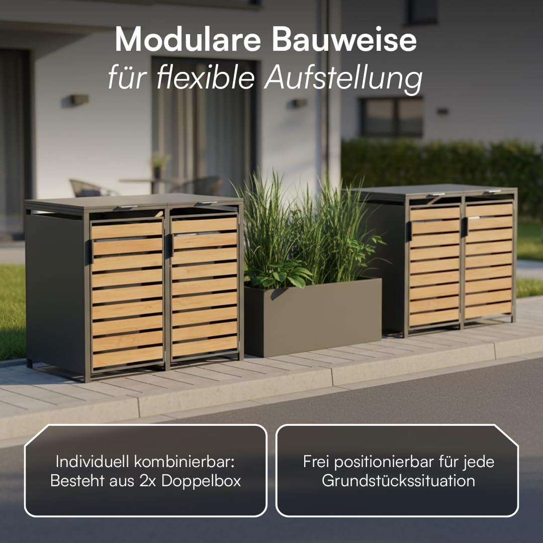 STEELSØN Kestra Mülltonnenbox 4er bis 120L – Mülltonnenverkleidung aus Stahl mit Sichtstreifen in Holzoptik – hochwertige Müllcontainer für 4 Tonnen – Müllbox in Anthrazit – Gerätebox wetterfest