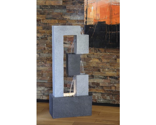 Design tuinfontein met LED-verlichting, 40,5 x 21,5 x 90,5 cm, kunststeen, grijs, inclusief slang en pomp.