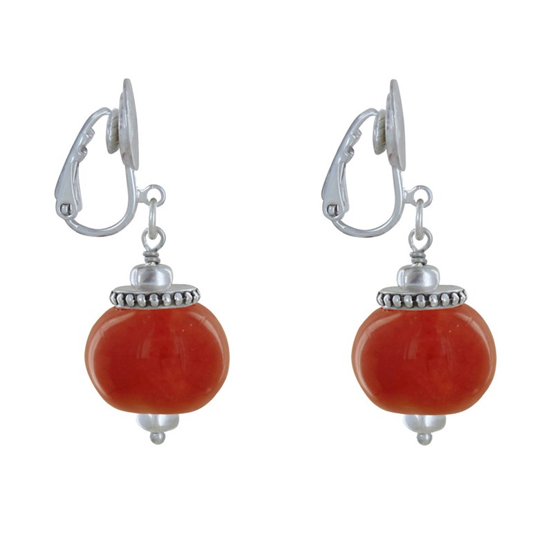 Boucles d'Oreilles Clip Métal Argenté et Grosses Perles en Céramique