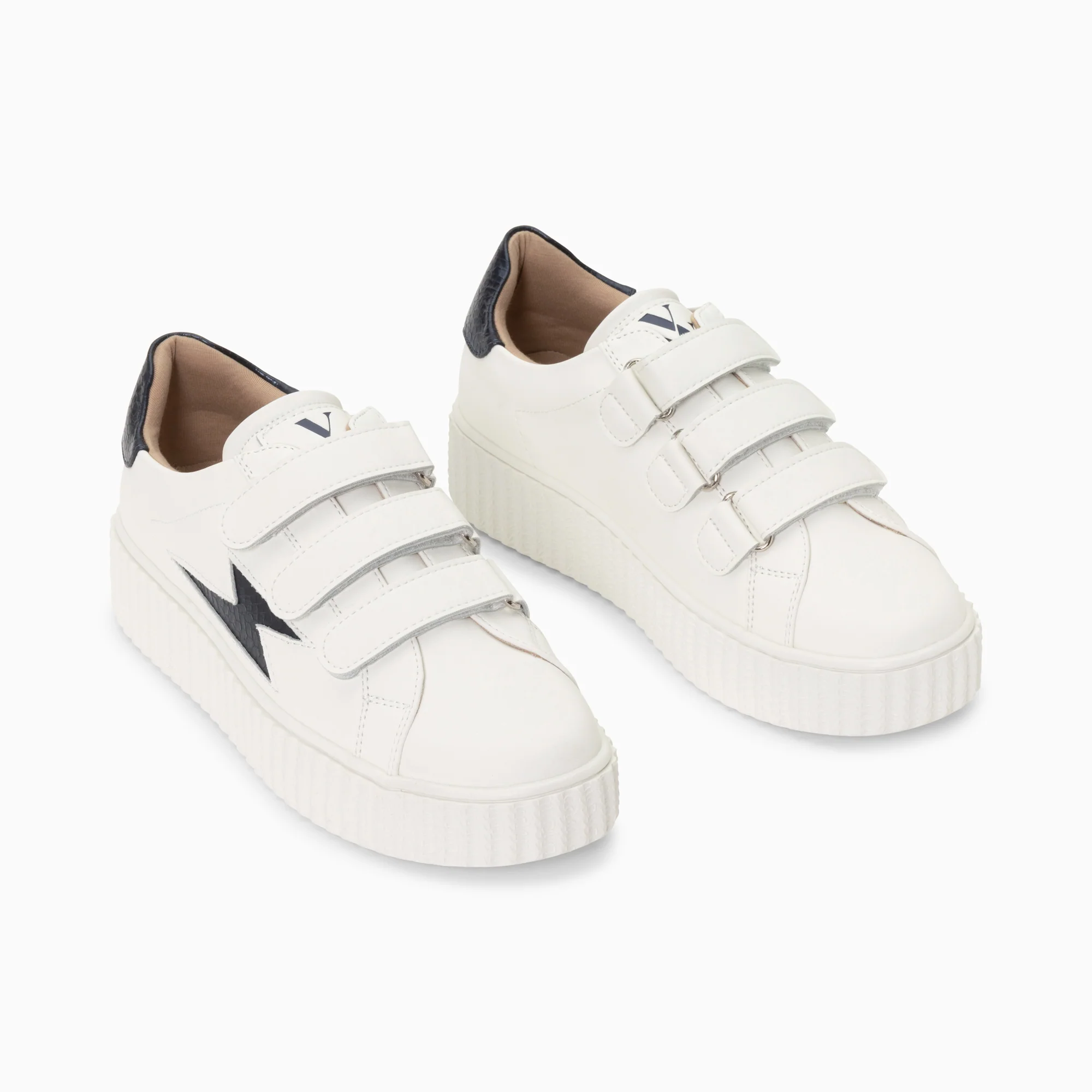Sneakers-Baskets éclair Eva blanc et bleu marine serpent à scratchs