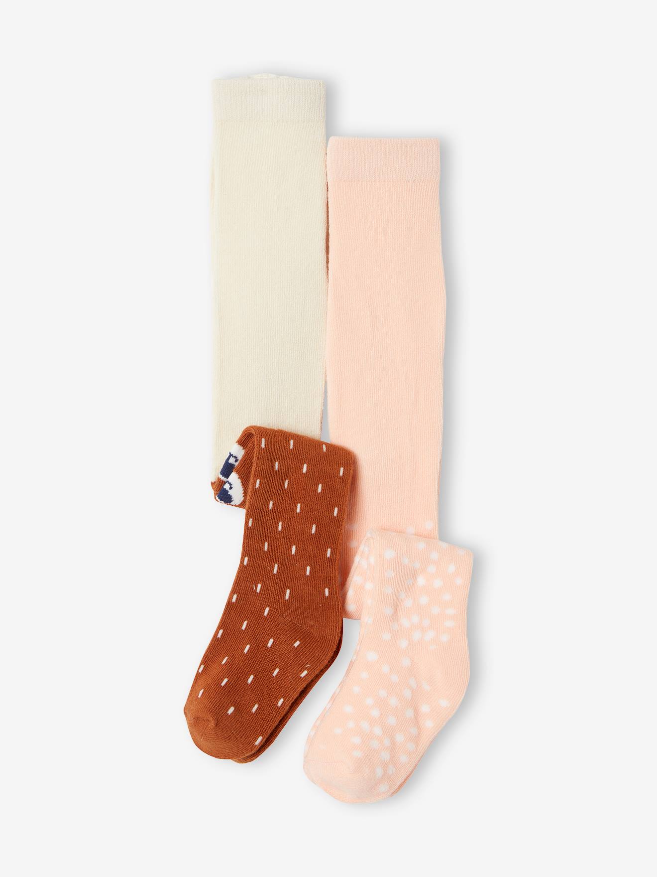 Conjunto com 2 pares de meias-calças de bebê com bolinhas/ursinhos, rosa claro, bicolor/multicoloridas.