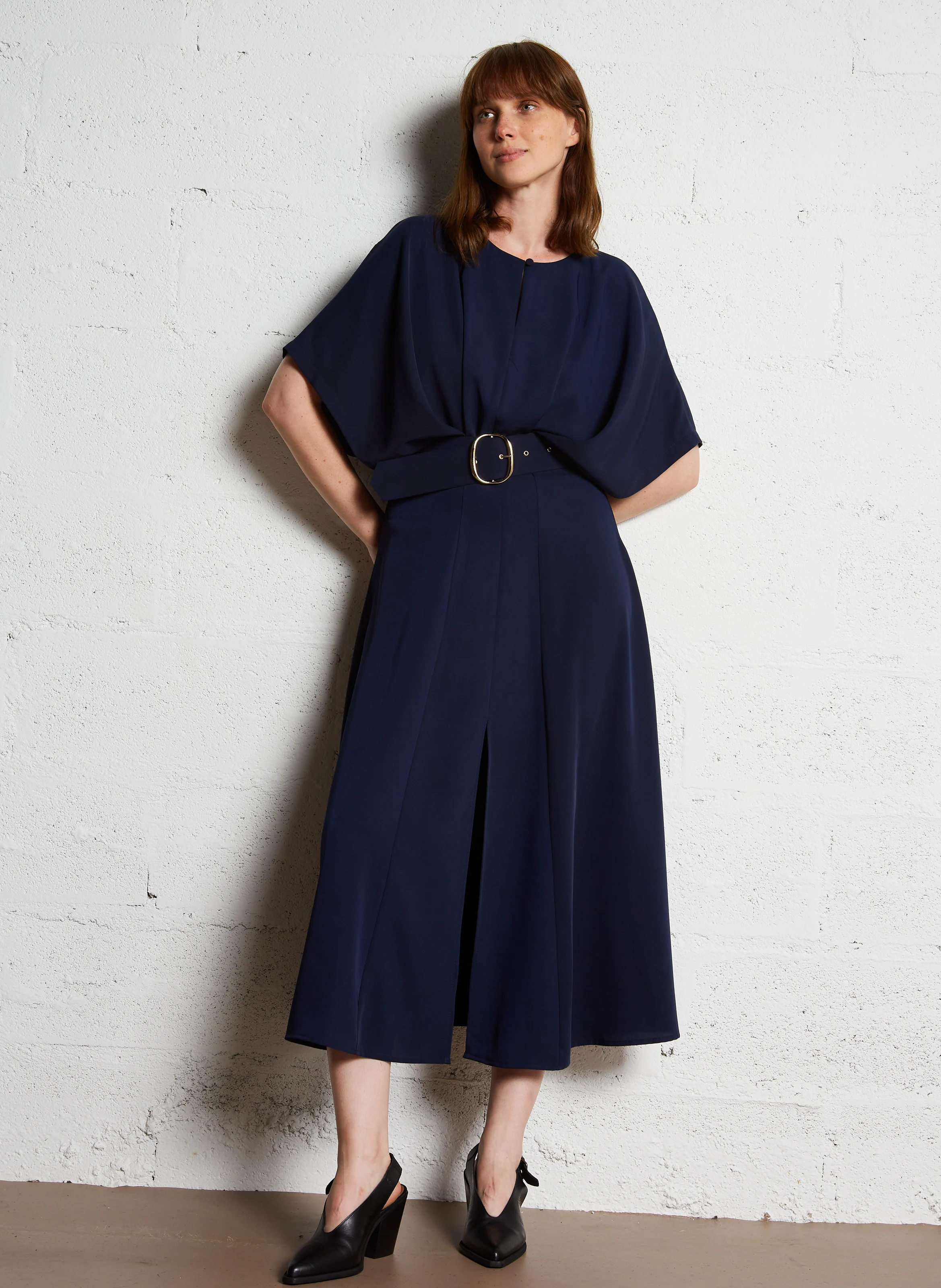 Robe longue col rond ceinturée | Bleu